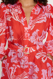 Linen Blend Botanical Print Lapel Puff Sleeve Loose Tie Casual Rompers