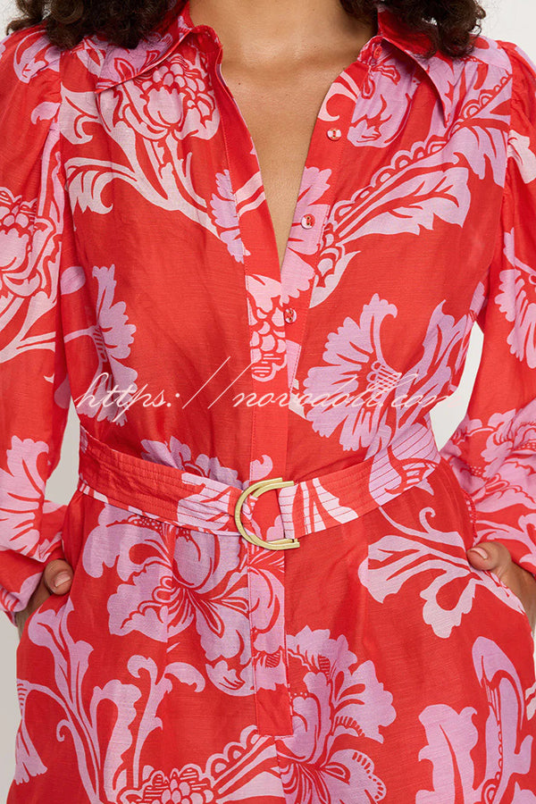 Linen Blend Botanical Print Lapel Puff Sleeve Loose Tie Casual Rompers