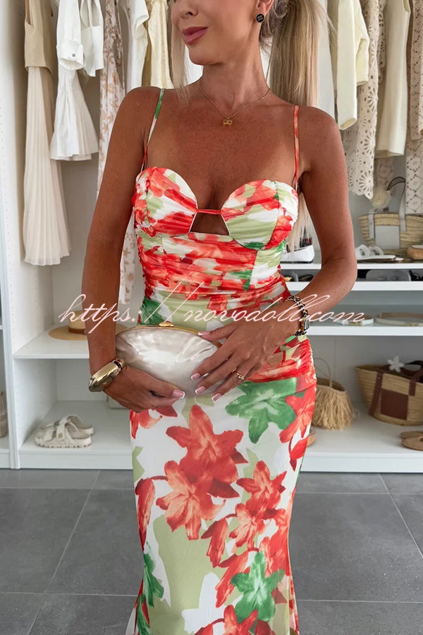 Irresistibly Chic Mesh Botanical Print Cut Out Bust Ruched Stretch Maxi Dress
