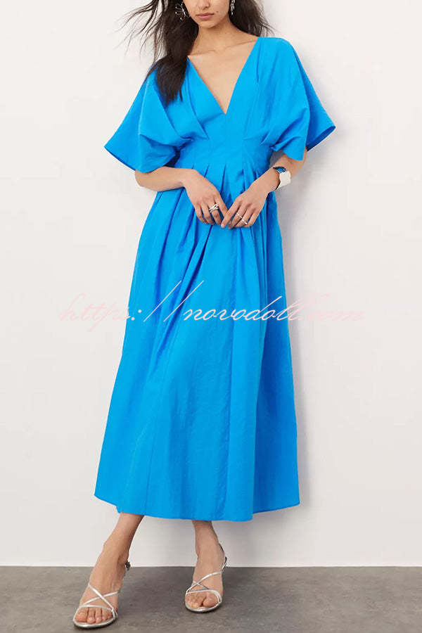 Antibes Linen Blend Princess Line Pleated Wide Puff Sleeve Midi Dress