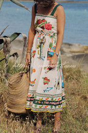 Summer Vibes Linen Blend Unique Print Smocked Belt Midi Dress