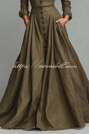 Linen Blend Lapel Pocket Single-breasted Shirt-style Casual Maxi Dress