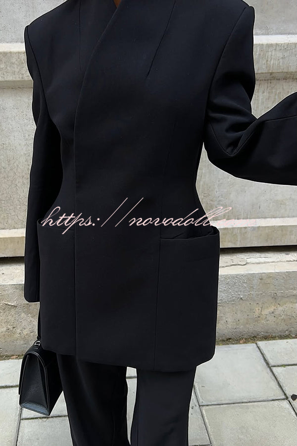 Solid Color Lapel Long Sleeve Casual Pocket Long Blazer