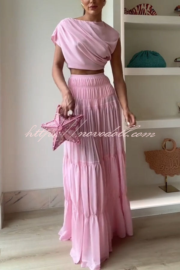 Stunning Chiffon Ruched Shoulder Short Sleeve Crop Top