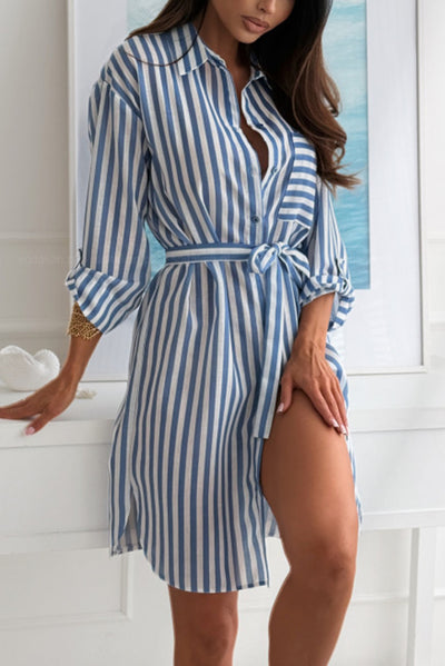 Stripe Print Lapel Long Sleeves Pocket Waist Tie Loose Mini Dress