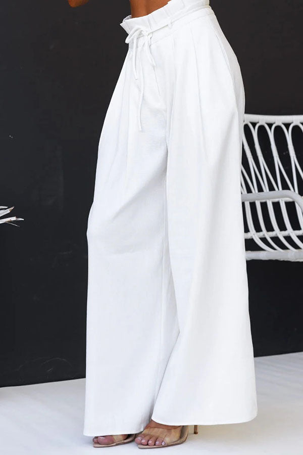 Gette Linen Blend Slit Front Top and High Rise Knoted Pocket Wide Leg Pants Set