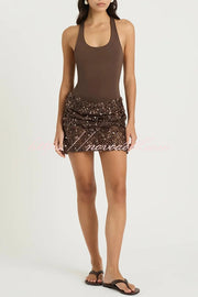 Shine Your Event Ruched Sequin Draped Hem Tank Stretch Mini Dress