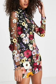 Elegantly Enchanted Floral Applique Backless Long Sleeve Mini Dress