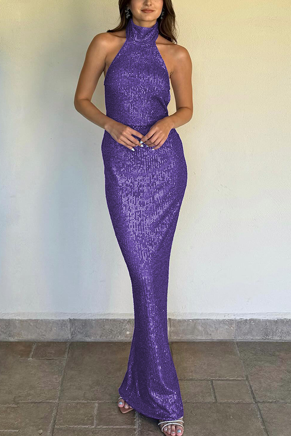 Sexy Sleeveless Backless Sequined Fitted Maxi Dress