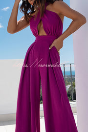 Easy Mode Cross-neck Halter Strap Backless Wide Leg Jumpsuit