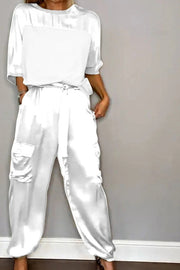 Calissa Smooth Satin Half-sleeved Top and Elastic Waist Pocket Pants Set