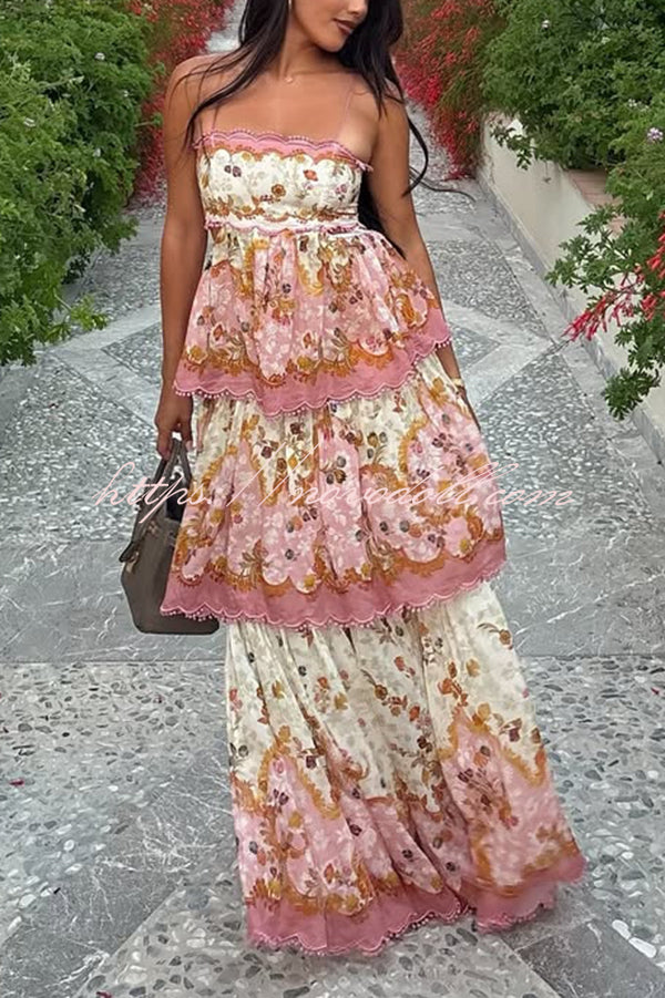 Charming Smile Floral Print Scalloped Lace-trim Back Tie-up Tiered Maxi Dress