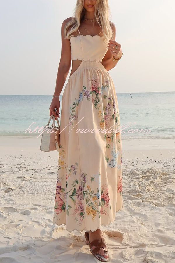 Cabo Sunsets Floral Print Petal Trim Back Lace-up Midi Dress