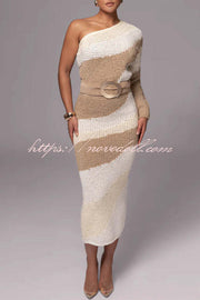 Soft Autumn Knit Colorblock High Rise Elastic Waistband Stretch Midi Skirt