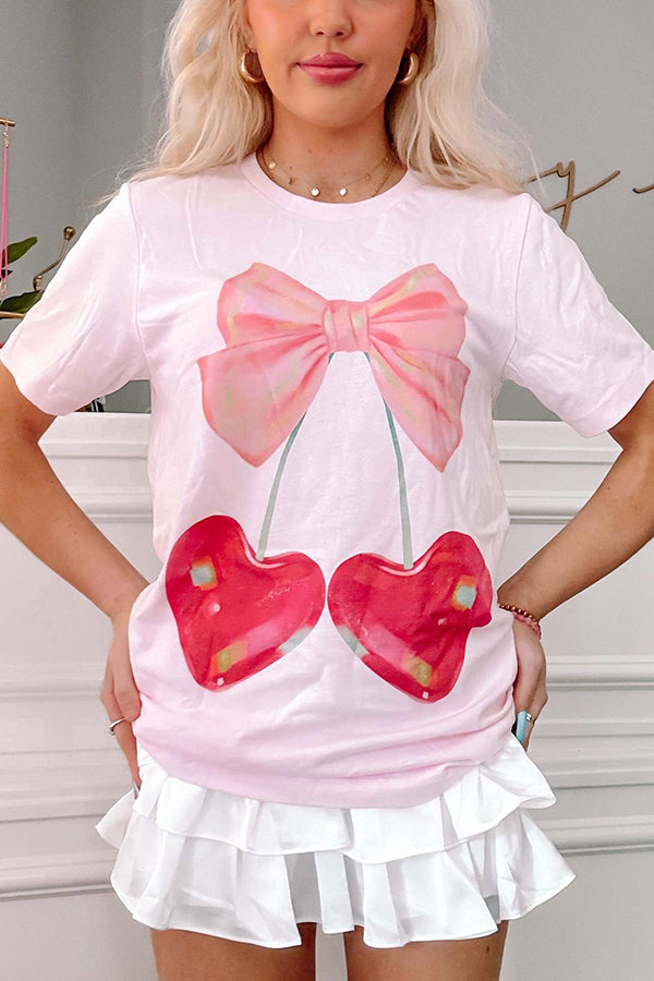 Cherry Bow Print Loose Casual Short Sleeve T-shirt
