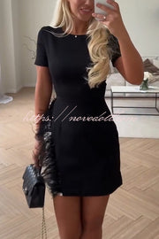 Marcelle Feather Trim Short Sleeve Color-block Him Mini Dress