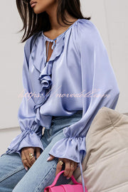 Satin Solid Color V-neck Tie Ruffle Casual Shirt
