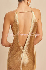 Sexy Allnight Metallic Halterneck Backless Fringed Slit Maxi Dress