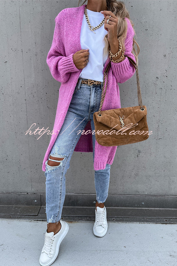 Solid Color V-neck Knitted Long-sleeved Oversized Midi Cardigan