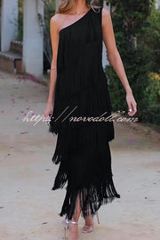 Stylish Fringed One Shoulder Asymmetric Midi Dress