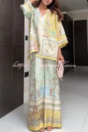 Elonie Satin Floral Print V-neck Half Sleeve Top and Elastic Waist Wide Leg Pants Set
