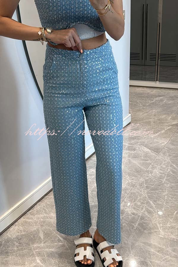 Fashionable Look Denim Sequin Textured High Rise Pocket Straight Jeans
