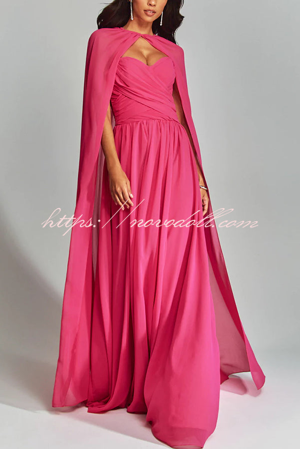 Romantic Party Chiffon Off Shoulder Sweetheart Neck Ruched Cape Maxi Dress