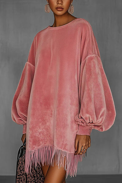 Solid Color Loose Long-sleeved Casual Tassel Hem Mini Dress