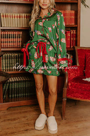 Christmas Dreaming Satin Nutcrackers Print Velvet Trim Elastic Waist Pocketed Pajama Shorts Set