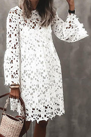 Pretty Presence Floral Crochet Lace Bell Sleeve Mini Dress