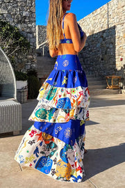 Unique Printed Suspenders Top and Loose Paneled Beach Maxi Skirt Set