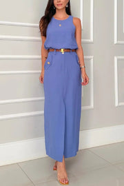 Office Lady Sleeveless Crewneck Top and Metal Button Pocket Slit Midi Skirt Set