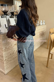 Jessy Denim Mid Rise Side Star Pattern Pocket Wide Leg Jeans