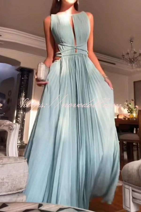 Sexy Sleeveless Open Back Cord Pleated Maxi Dress