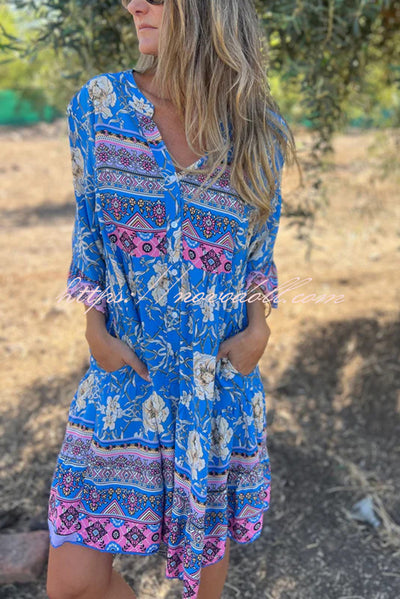 Ethnic Floral Print V-neck Loose Pocket Mini Dress