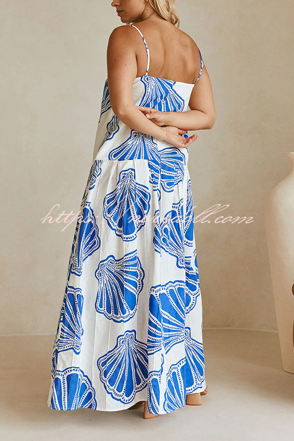 Linen Blend Shell Print Loose Strappy Resort Style Maxi Dress