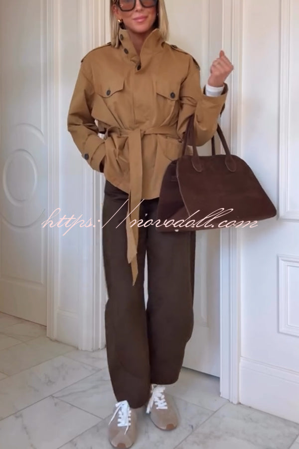 Chic Comfort Epaulettes Contrast Buttons Pocket Belt Cropped Trench Coat