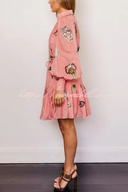 Unique Print Single Breasted Balloon Sleeve Tie Waist Ruffled Mini Dress