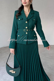 Solid Color Lapel Button Belt Blazer and Pleated Casual Maxi Skirt Set