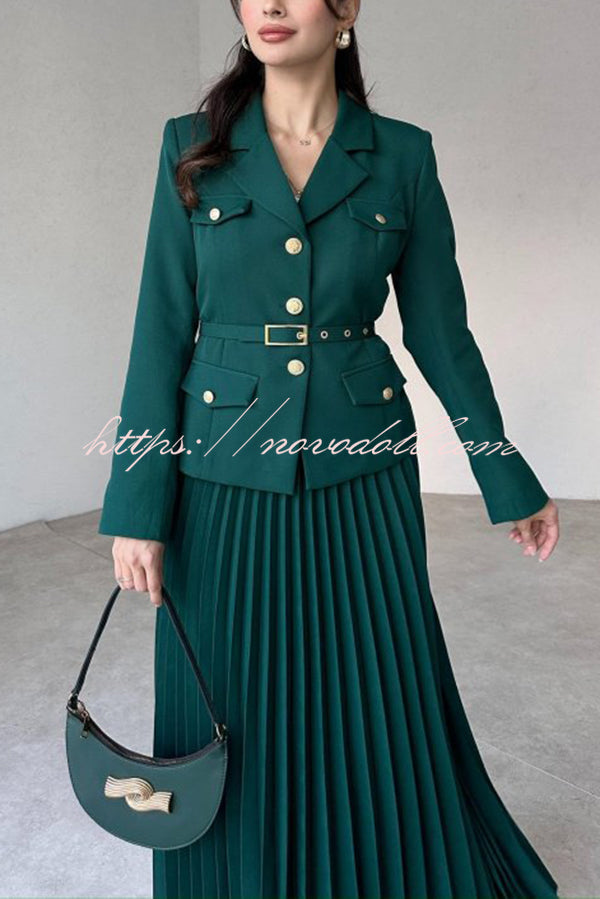Solid Color Lapel Button Belt Blazer and Pleated Casual Maxi Skirt Set