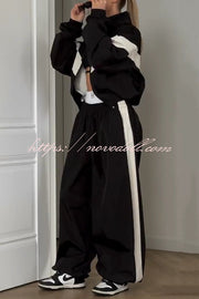 Fashionable Contrasting Long-sleeved Loose Coat and Elastic Waist Wide-leg Pants Set