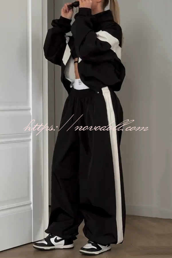 Fashionable Contrasting Long-sleeved Loose Coat and Elastic Waist Wide-leg Pants Set