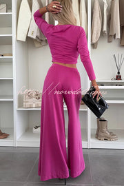 Solid Color Round Neck Long Sleeve Twist Crop Top and Elastic Waist Pocket Wide Leg Pants Set