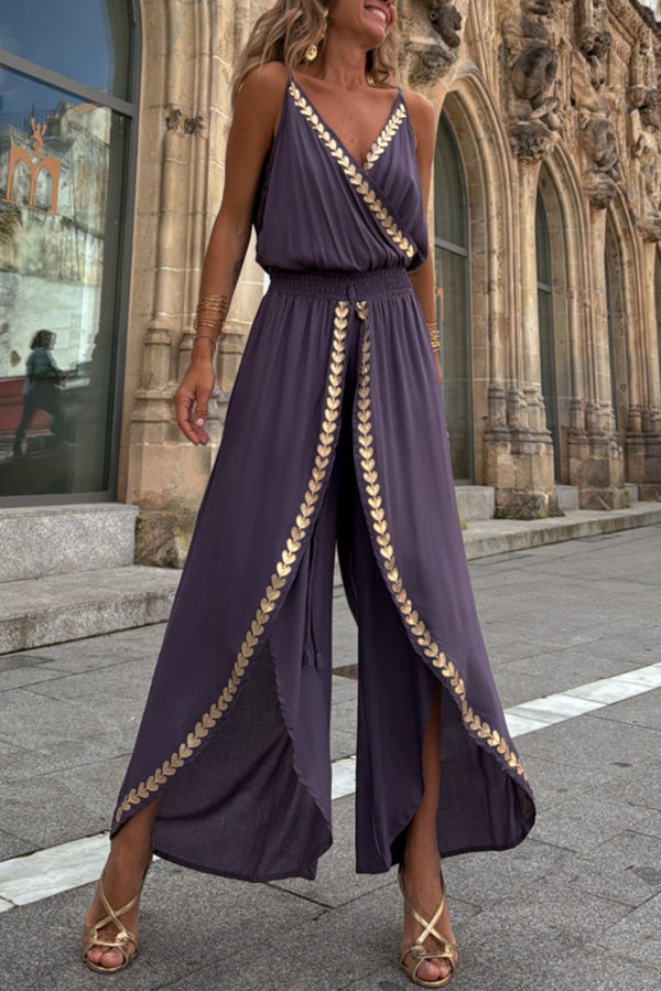 Tamia Gold Trim Elastic Waist Slit Wide Leg Slip Jumpsuit