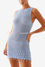 Fashion Knit Hollow Beaded Tassel Embellished Sleeveless Slim Mini Dress