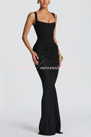 Larrah Square Neck Back Lace-up Satin Drape Hem Maxi Dress