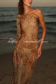 Leopard Print One Sleeve Sexy See-Through Fit Maxi Dress