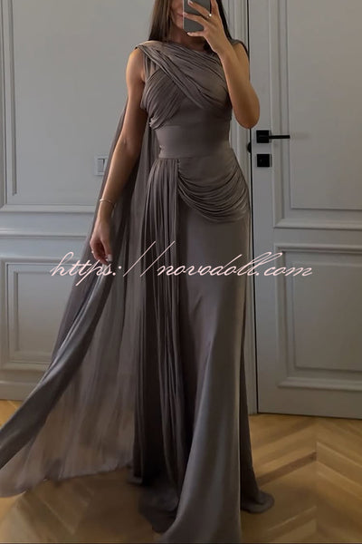 Solid Color Satin Sleeveless Waist Elegant Pleated Ribbon Maxi Dress
