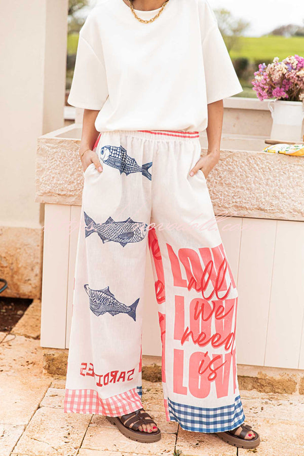 Unique Printed Elastic Waist Pocket Vacation Casual Wide Leg Pants
