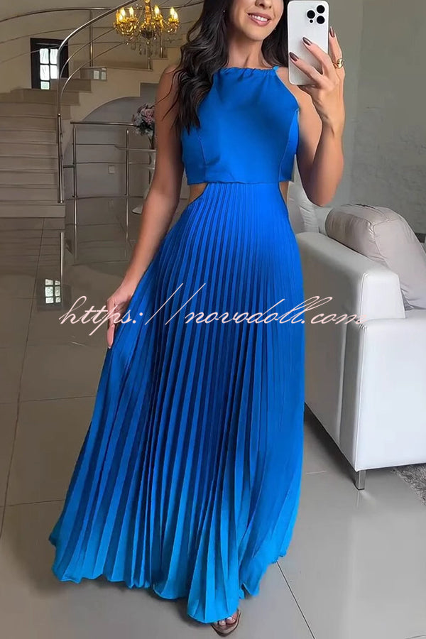 Fashionable Backless Tie Elegant Gradient Pleated Maxi Dress